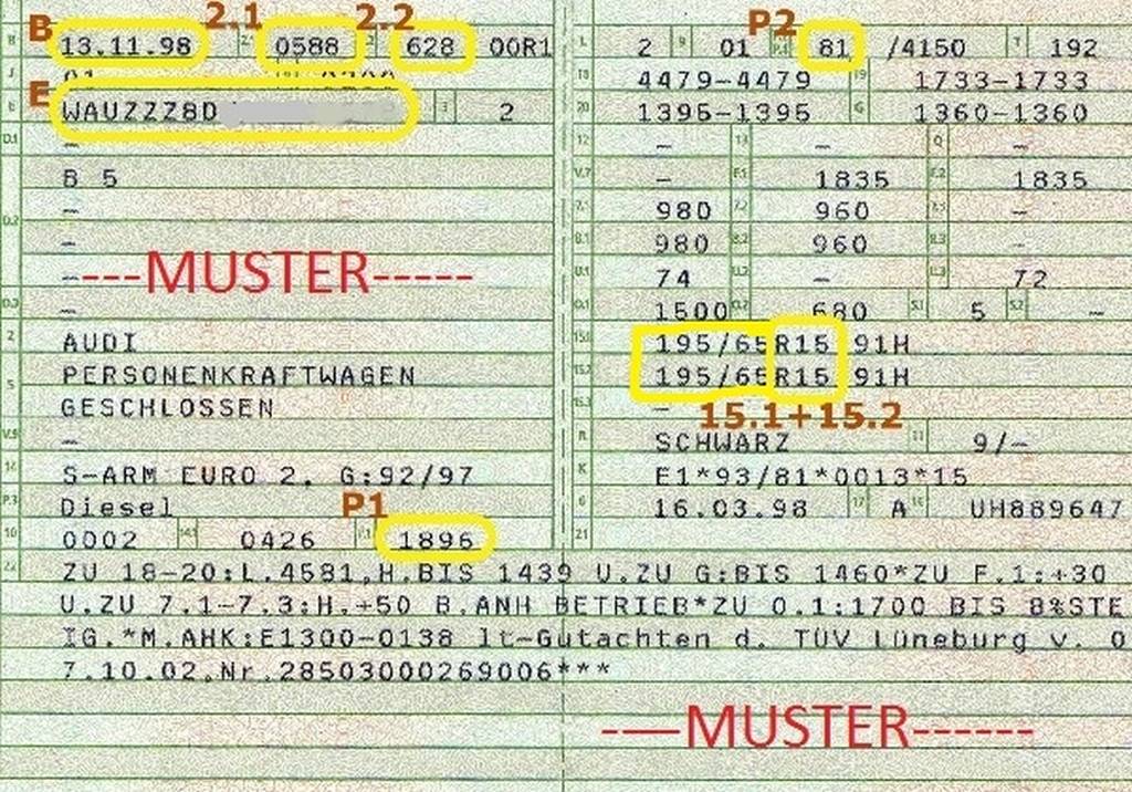 Muster eines KFZ-Scheins